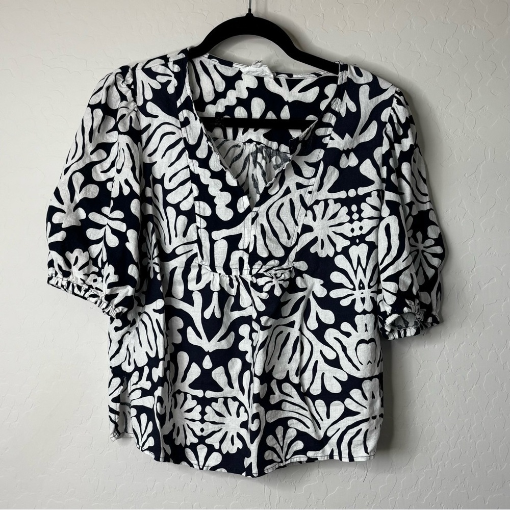 Panama Jack Womens Garden Beach Leaf Print Linen Rayon Blouse Size Large Blue